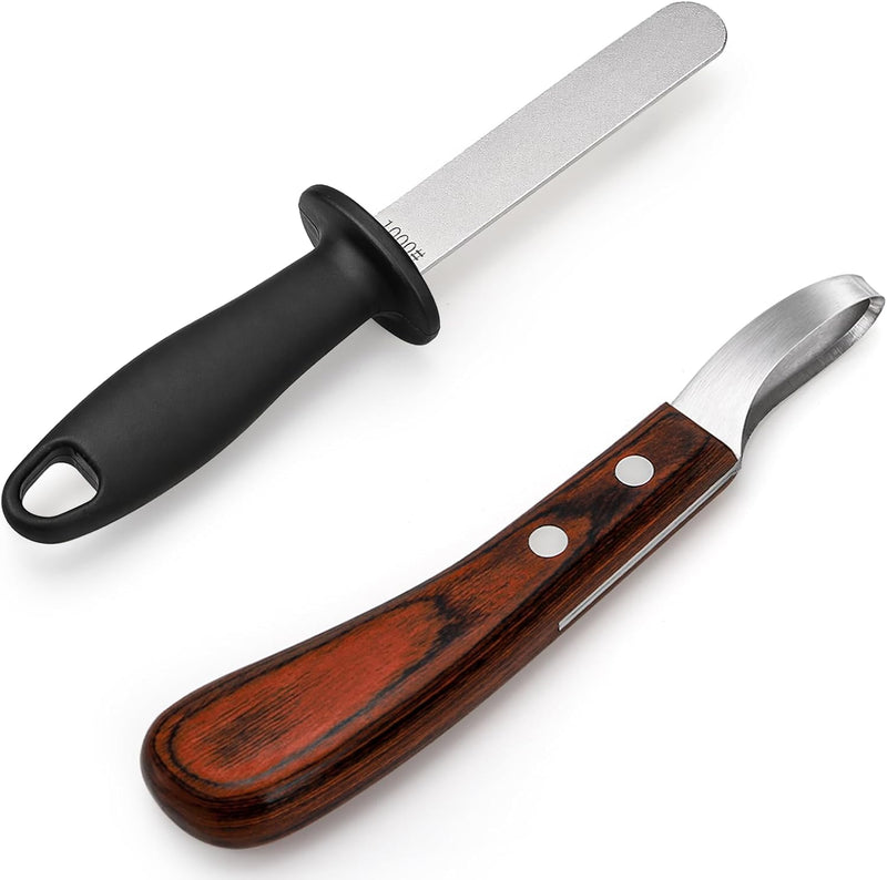 ZENFUN Hoof Knife with Sharpener, Double Edged Hoof Trimming Knife with Wooden Handle & 400/1000 Diamond Grit Rod, 8 Inc