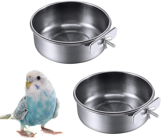 Kathson 2 Pack Bird Feeding Dish Cups, Stainless Steel bird bowls Parrot Feeders Water Cage Bowls with Clamp Holder Bird