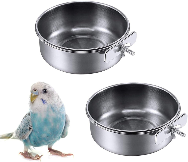 Kathson 2 Pack Bird Feeding Dish Cups, Stainless Steel bird bowls Parrot Feeders Water Cage Bowls with Clamp Holder Bird