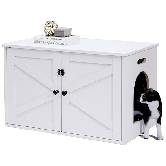 Timberer Cat Litter Box Enclosure, Litter Box Furniture Hidden with Removable Divider, Wooden Cat Washroom Furniture, Indoor Cat House, White