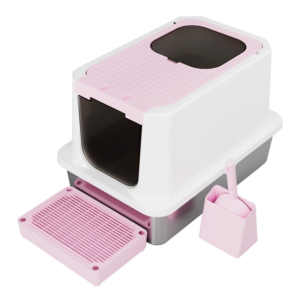 RIZZARI Large Enclosed Stainless Steel Cat Litter Box – Top & Front Entry, High-Sided Anti-Tracking Non-Stick Pan with Odor Control for Bedrooms, Living Rooms & Indoor Spaces