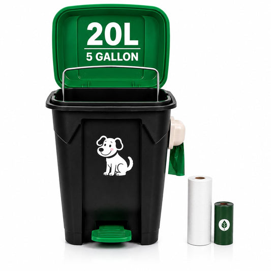 20L/5 Gallon Outdoor Dog Poop Trash Can, Lid Odor Control, Hands-Free Pedal, Removable Inner Bin, Poop Bag Dispenser, In