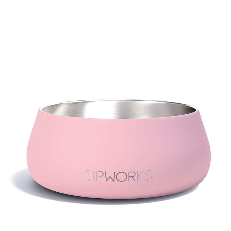Sipworks Stainless Steel Dog Bowl – 32oz Weighted Metal Food and Water Bowls for Dogs and Cats with Non-Slip Base - Pet Bowls for All Breeds Sizes for Travel & Outdoor Play | Flamingo