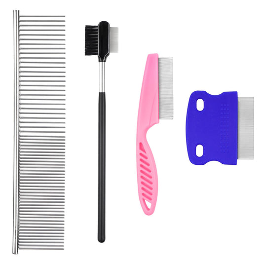 4 Pack Flea Comb for Pets - Stainless Steel Double Sided Dog Cat Grooming Tool with Rounded Teeth, Professional Dematting & Tear Stain Remover