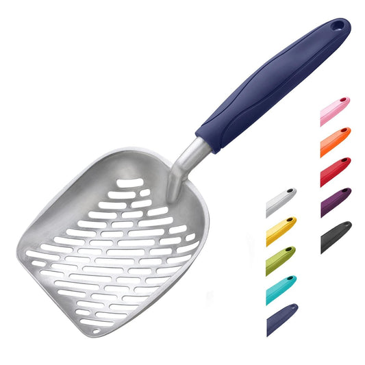 WePet Cat Litter Scoop, Aluminum Alloy Sifter, Kitty Metal Scooper, Deep Shovel with Diagonal Sifting Hole, Long Handle, Kitten Poop Lifter for Litter Box, Medium Size, Blue Handle
