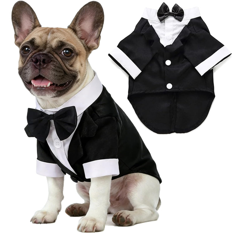 Dog Shirt Puppy Clothes, Pet Wedding Suit Formal Tuxedo with Black Bow Tie, Pet Outfit for Small Medium Dogs Cats, Pet Weding Attire Dress Up Cosplay Prince Costume Gentleman Apparel (Black, Small)