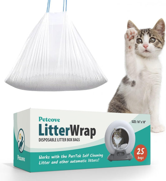 PurrTek Cat Litter Box Liners — LitterWrap Drawstring Bags for Automatic & Self-Cleaning Litter Boxes | Precision Fit, Jumbo Heavy-Duty, Leak-Proof, Unscented Odor Control, Replacement Refills