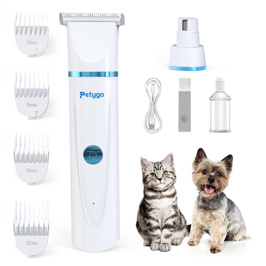 PETYGO 2-in-1 Dog & Cat Grooming Kit - Rechargeable Cordless Pet Hair Clippers with Nail Grinder & Paw Trimmer & 4 Guide Combs, Low Noise Dog Clippers for Grooming Small Medium Pets
