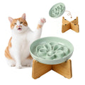 Elevated Slow Feeder Cat Bowl - Melamine Cat Dish with Anti-Slip Bamboo Stand - Whisker Friendly Feeding Bowl - Floral Maze Food Plate for Slow Eating - Green