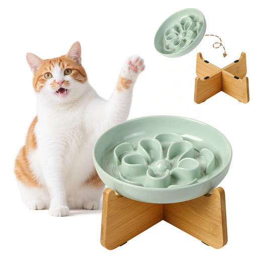 Elevated Slow Feeder Cat Bowl - Melamine Cat Dish with Anti-Slip Bamboo Stand - Whisker Friendly Feeding Bowl - Floral Maze Food Plate for Slow Eating - Green