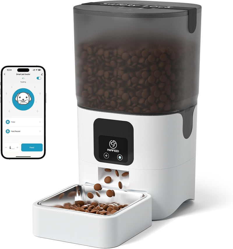 PAPIFEED Automatic Cat Feeder with App, 2.4G WiFi Cat Food Dispenser, 6L Timed Cat Feeder for Dry Food, 10 Meals/Day, 12 Portions/Meal, Dual Power Supply Smart Pet Feeder for Dog, White