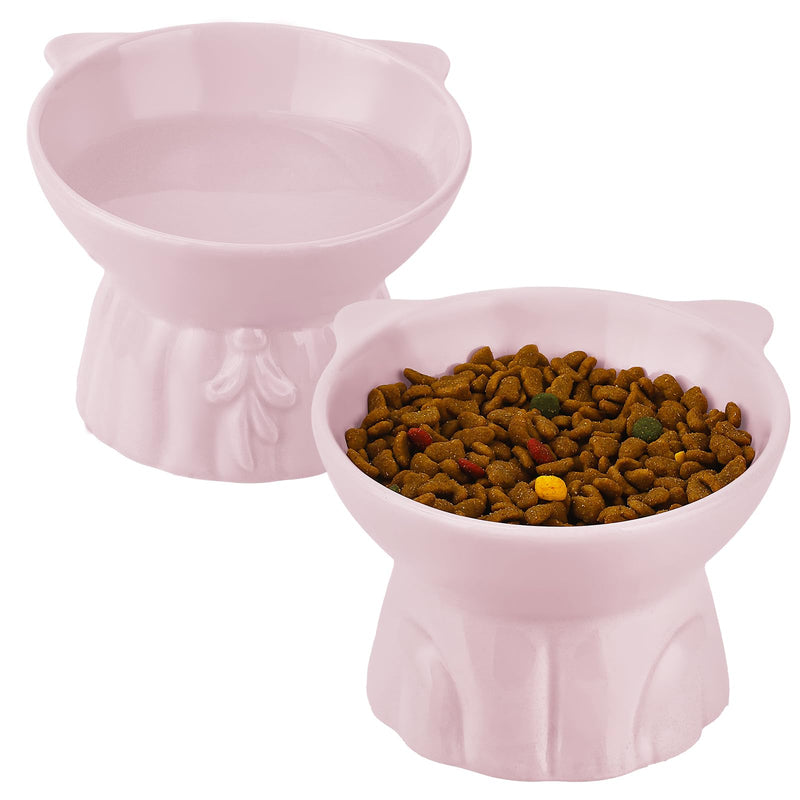 Elevated Cat Bowls 2-Pack, Ceramic Raised Cat Food & Water Dishes - Extra Wide & Shallow Whisker-Friendly Design, Anti-Vomit & Easy Digestion, Lead/Cadmium-Free, Microwave & Dishwasher Safe (Pink)