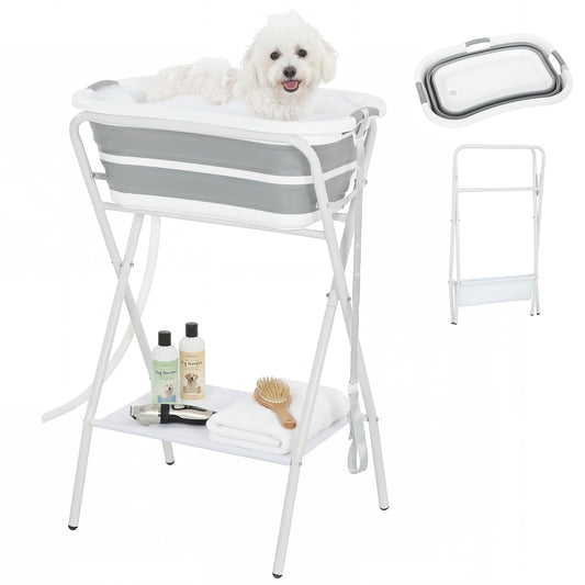 PawHut 2 in 1 Dog Bath Tub, Dog Washing Station for Bathing and Grooming, Elevated Shower Bath Tub, Collapsible Foldable Portable Bathtub for Small Dogs Puppy Cats Pet, Indoor and Outdoor