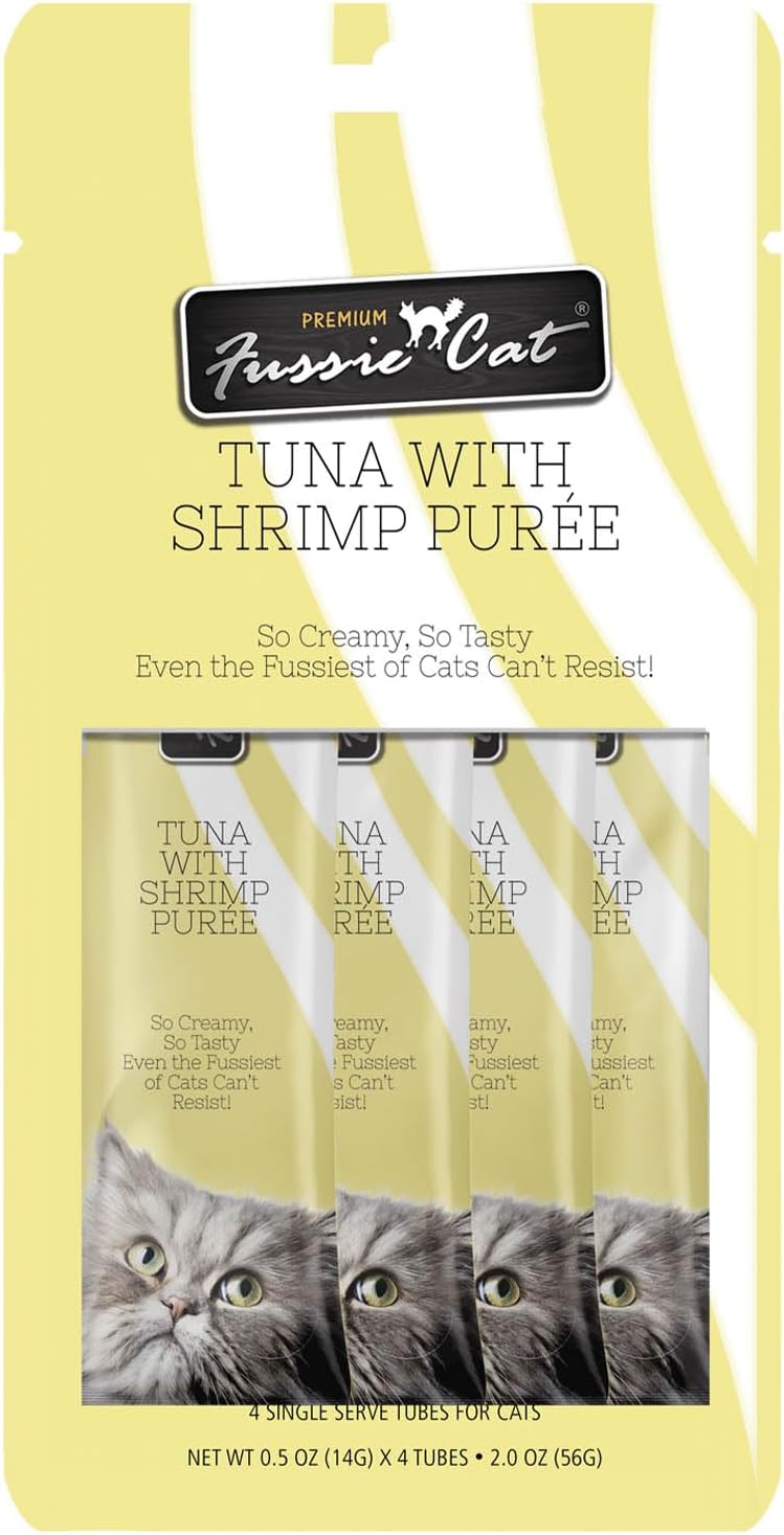 Fussie Cat Premium Tuna w/Shrimp Puree, Lickable Cat Treats, 0.5oz x4
