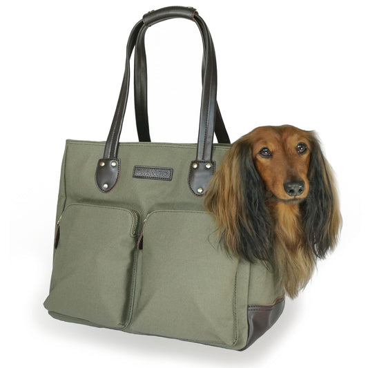 DJANGO Waxed Canvas & Leather Dog Carrier Tote Bag – Premium Soft-Sided Travel Dog Purse with Safety Leash, WR Lining, & Large Zipper Pockets – Everyday Pet Carrier for Small Dogs (Olive, Medium)
