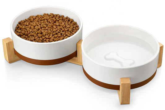 MALACASA Ceramic Dog Bowls Set with Wood Stand, 3.5 Cups Pet Bowls for Medium Dogs with Non-Slip Base, Large Puppies, Cats, Retrievers, ect.Pet Food & Water Basic Bowls Set, Weighted Glaze Matte.34 OZ