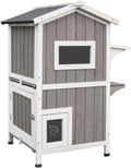 PetsCosset Cat House for Outdoor Cats, Weatherproof 2-Story Wooden Cat Shelter with 2 Rooms, Feeding Station, Escape Door, Pull-Out Floor and Openable Asphalt Roof, Grey