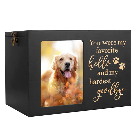 Pet Memorial Urns for Dog or Cat Ashes, Large Wooden Funeral Cremation Urns with Photo Frame, Keepsake Memory Box with Black Flannel Lining