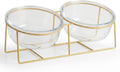 Elevated Dog Bowl Set of 2 - Double Glass Bowls with Gold Iron Stand - Raised Dishes Comfortable Feeding - Ideal for Sma
