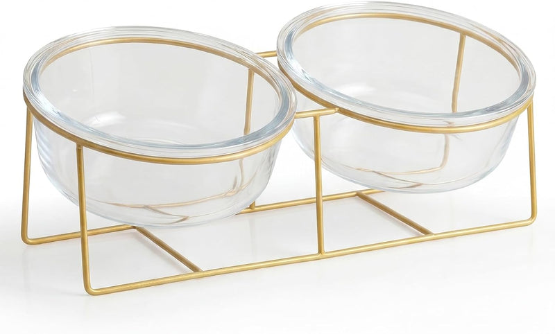 Elevated Dog Bowl Set of 2 - Double Glass Bowls with Gold Iron Stand - Raised Dishes Comfortable Feeding - Ideal for Sma