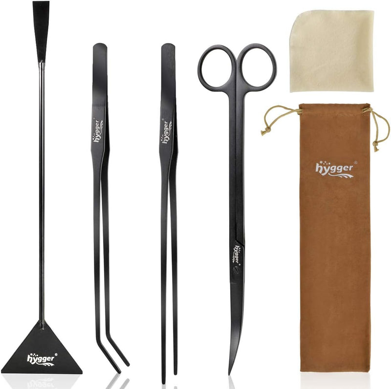 hygger Long Stainless Steel Premium Aquarium Tools, 4 PCS Aquatic Plant Tweezers Scissors Spatula Kits Comes with 1 Clea