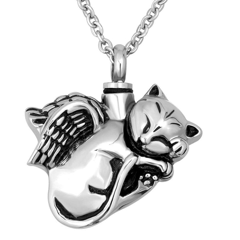 NanMuc Cute Angel Cat Pet Urn Necklace for Ashes Cremation Jewelry Memorial Animal Stainless Steel Pendant Ashes Holder Keepsakes Jewelry