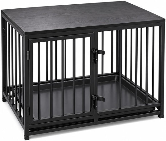 Dog Crate Furniture, 33.5" Metal Dog Kennel, Wood Tabletop