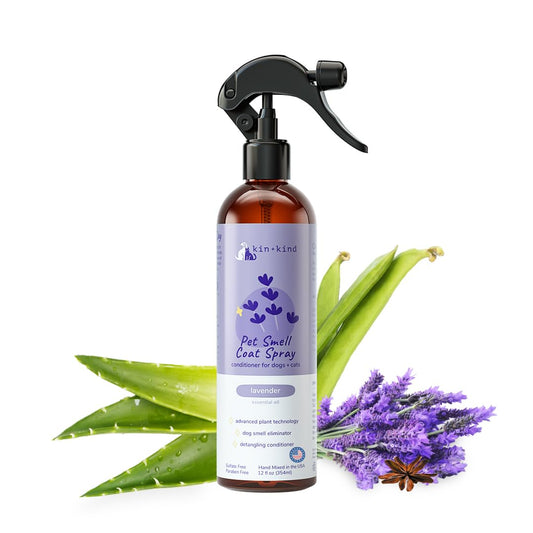 kin+kind Dog Deodorizing Spray - Safe, Natural, & Easy to Use Pet Odor Eliminator, Premium Cat/Dog Detangler Spray Formula Made w/Aloe, Dog Deodorizer for Smelly Dogs/Cats Made in the USA (12 fl oz)