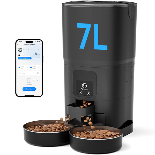 PAPIFEED Automatic Cat Feeder 2 Cats, 2.4G WiFi Cat Food Dispenser with App, 7L Slow Feeder Timed Cat Feeder for Dry Food, 10 Meals/Day, 12 Portions/Meal, Smart Pet Feeder for Small Dog