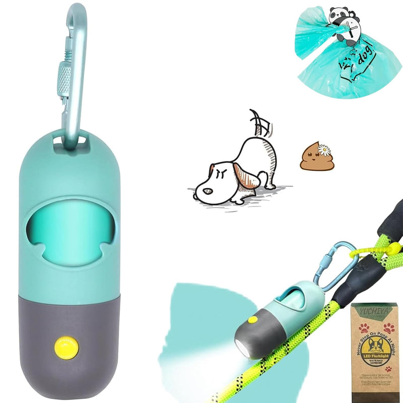 Dog Poop Bag Holder with LED Flashlight for Night Walks,Silicone Tether & Panda Pattern Clip for Used Bags, Hands-Free Metal Leash Carabiner, Includes 15 Scented Waste Bags (Crystal Blue)