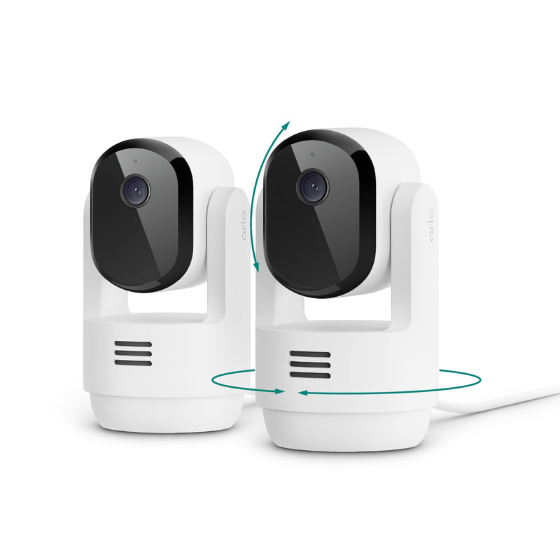 Arlo Essential Indoor Pan Tilt Security Camera 2K (2025 Release) - Wired Plug-in Power, Person Recognition, Animal Detection, Animated Preview, 1-Month Secure Plan, Auto Motion Tracking, 2 Cam, White