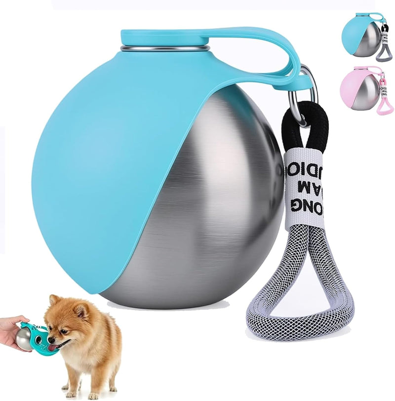 2 in 1 Portable Tumbler for Dogs, Portable Dog Water Ball, 10oz Stainless Steel Pet Water Dispenser with Silicone Foldab