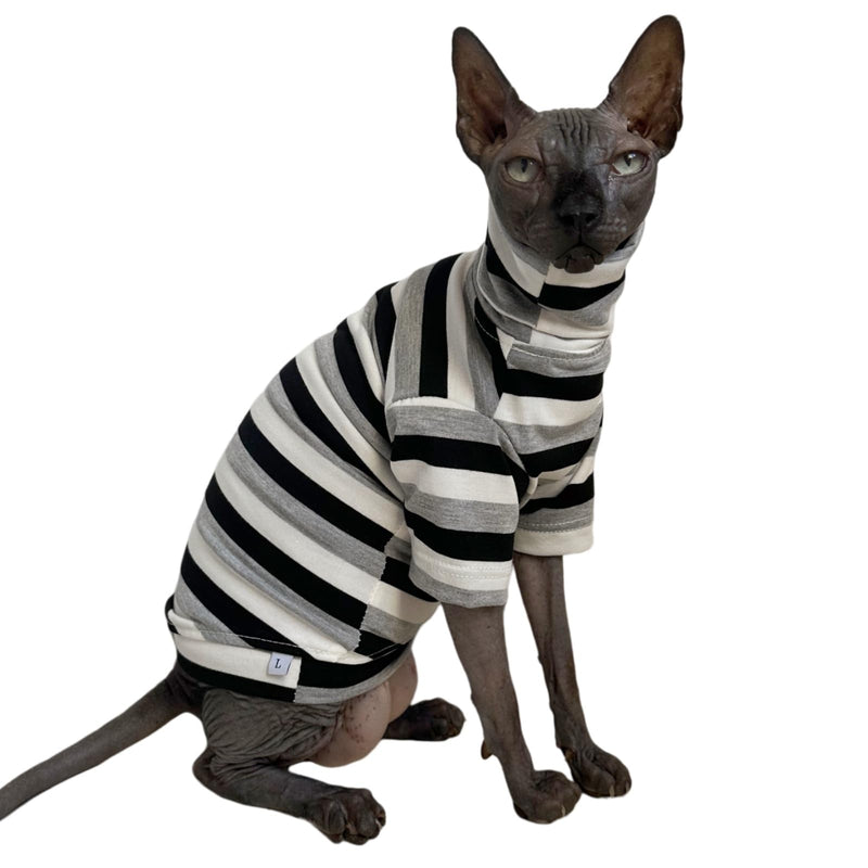 Vintage Stripes Sphynx Hairless Cats Shirt Cotton Cat Turtleneck Pet Clothes Kitten T-Shirts with Sleeves for Sphynx Cats (Black Grey White, X-Large)