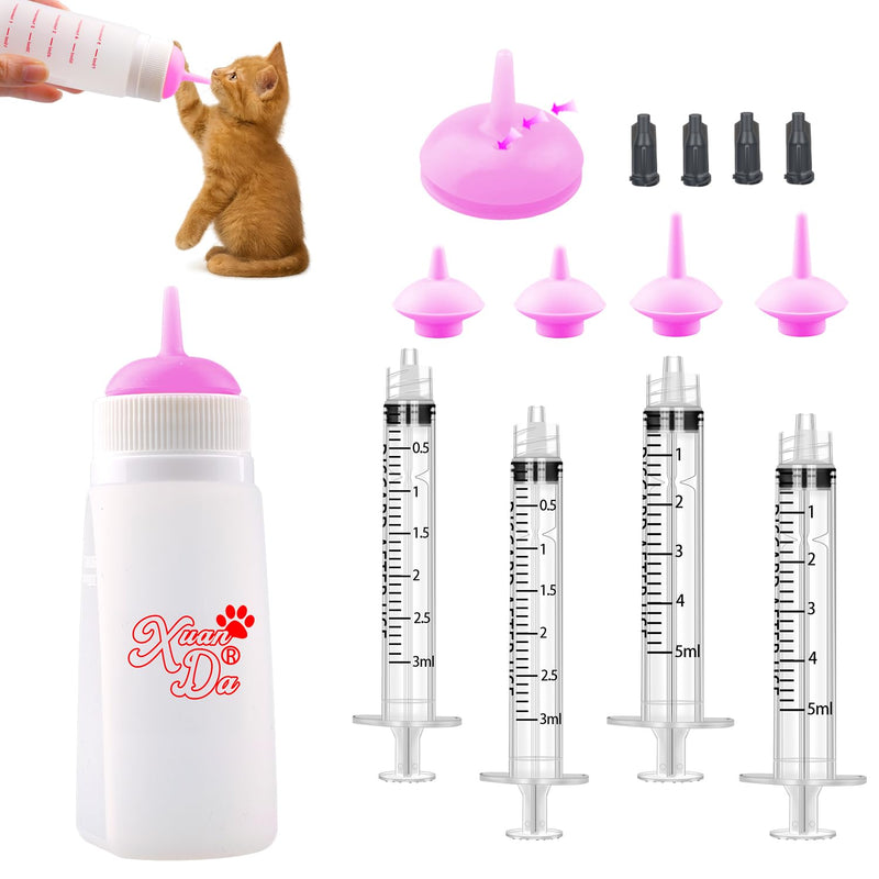 Xuanda Kitten Bottle Feeding kit with Feeding Nipple and Syringe, Soft Silicone Nursing Pet Feeding Bottle, Ventilation Valve Resistant Tearing for Small Puppies, Kittens, Rabbit (M Nipple-Pink)