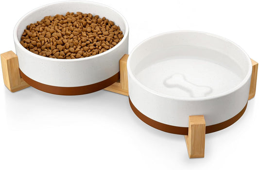 MALACASA Ceramic Dog Bowls Set with Wood Stand, 3.5 Cups Pet Bowls for Medium Dogs with Non-Slip Base, Large Puppies, Cats, Retrievers, ect.Pet Food & Water Bas