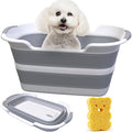 Multi-Functional Collapsible Dog Bathtub with Brush,Drainage Hole, 7.1 Gal/27L Portable Laundry Basket, Foldable Small Pets Bathtub, Bathing Tub for Puppy Small Dog Cat (Grey)