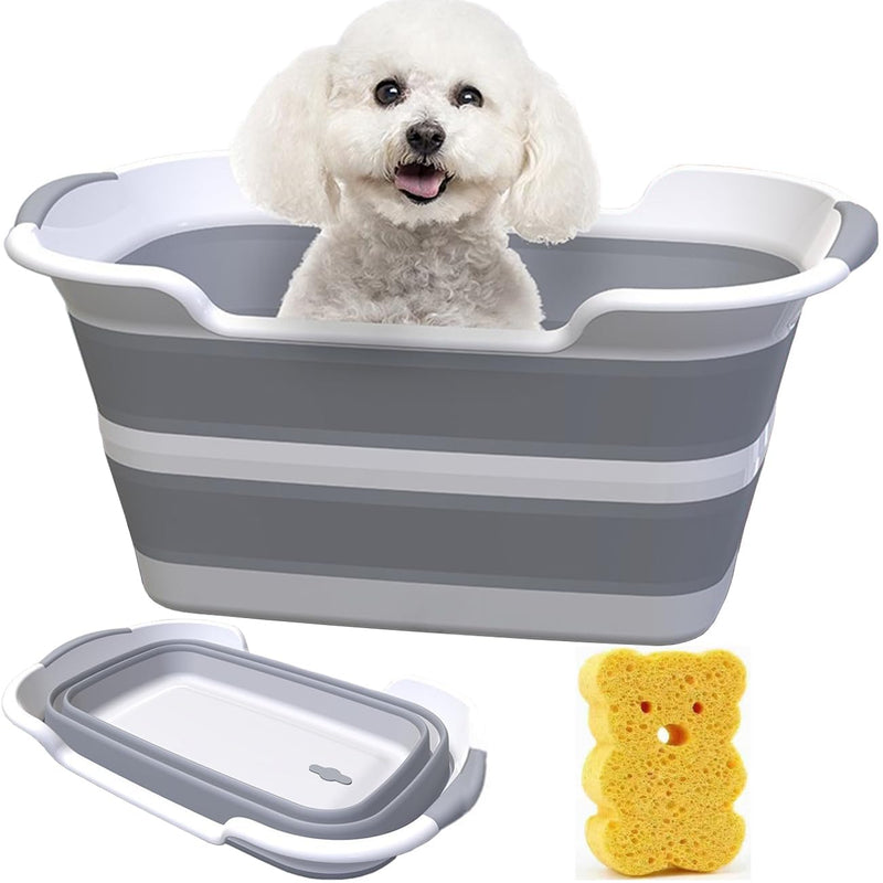 Multi-Functional Collapsible Dog Bathtub with Brush,Drainage Hole, 7.1 Gal/27L Portable Laundry Basket, Foldable Small Pets Bathtub, Bathing Tub for Puppy Small Dog Cat (Grey)
