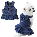 ANIAC Denim Dog Dresses for Small Dogs Puppy Girl Clothes with Leash Ring and Cute Bow Knot Summer Cat Apparel with D-Ring Blue Girl Dog Clothes (Dark Blue, X-Small)