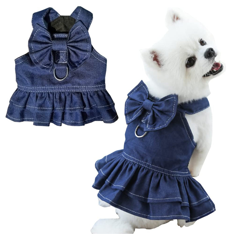 ANIAC Denim Dog Dresses for Small Dogs Puppy Girl Clothes with Leash Ring and Cute Bow Knot Summer Cat Apparel with D-Ring Blue Girl Dog Clothes (Dark Blue, X-Small)