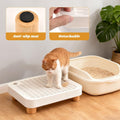 Litter Box Step with Litter Shovel, Box Ramp/Catcher with Wooden Base, Easy Cleaning with Filter Function Ideal for Cats Pedal Stool Kitten & Elderly Cats (White)