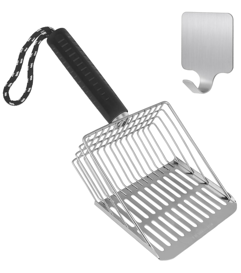 Faoemsey Cat Litter Scoop,Solid and Durable Kitty Metal Scooper,Stainless Steel Sifter,Heavy Duty,for Litter Box,Black Rubber Handle,Included Stainless Steel Hook