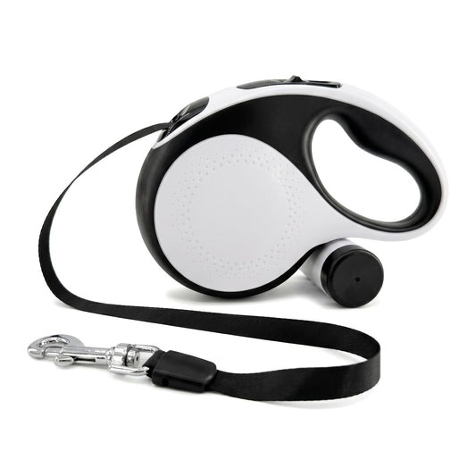 TailyWags Retractable Dog Leash 16ft for Medium Dogs up to 66lbs — Durable Nylon Tape Leash with 360° Tangle-Free, One-Handed Brake & Lock, with Poop Bag Dispenser, Anti-Slip ABS Handle (White)