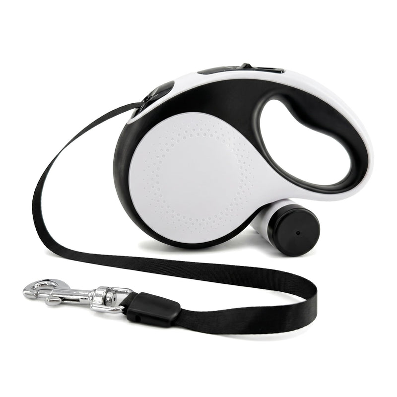 TailyWags Retractable Dog Leash 16ft for Medium Dogs up to 66lbs — Durable Nylon Tape Leash with 360° Tangle-Free, One-Handed Brake & Lock, with Poop Bag Dispenser, Anti-Slip ABS Handle (White)