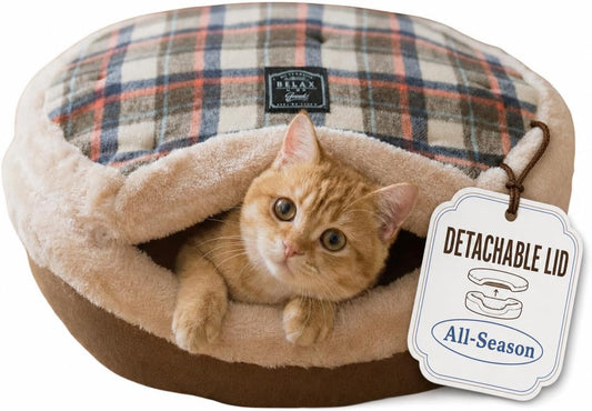 Urnat Cat Bed Cave – Enclosed Hideaway with Detachable Lid & Mat, Covered Round House for Indoor Kitten & Kitty (Yellow)