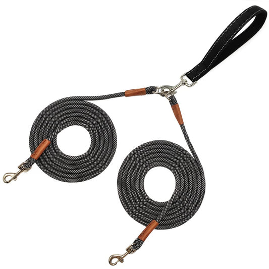 JDIDNEID 8 FT Double Dog Leash, 2 Way Mulitiple Dog Leash Detachable No Tangle with Soft Padded Handle, 1/4" Rope Dual Lead for 2 Dogs Outdoor Walking (Black Grey)