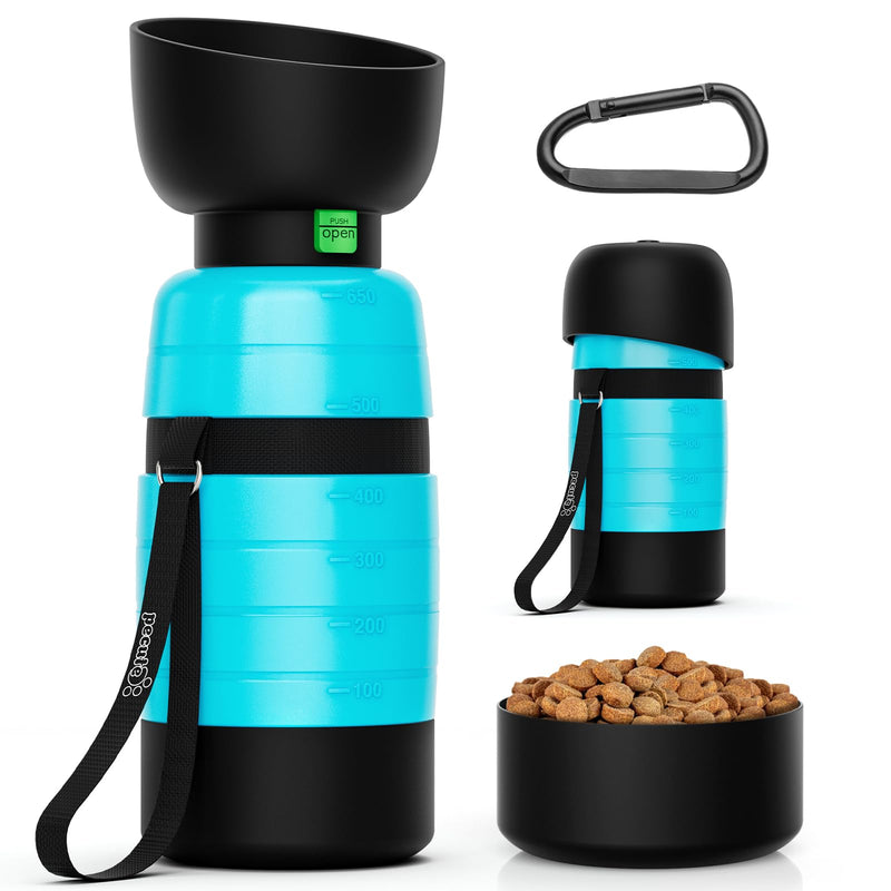 Pecute Upgraded 22 oz Dog Water Bottle with 5 oz Food Container, Portable Dog Travel Water Bottle Dispenser, Leakproof, BPA Free, Lightweight, Pet Water Bottle Bowl for Outdoor Walking Hiking Camping