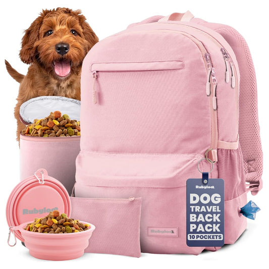 Dog Travel Bag for Supplies - Complete Dog Diaper Bag Backpack with 2 BPA-Free Travel Bowls, Treat Pouch, Food Container, Placemat & Laptop Sleeve – for Traveling, Road Trips, Hiking: Dusty Pink