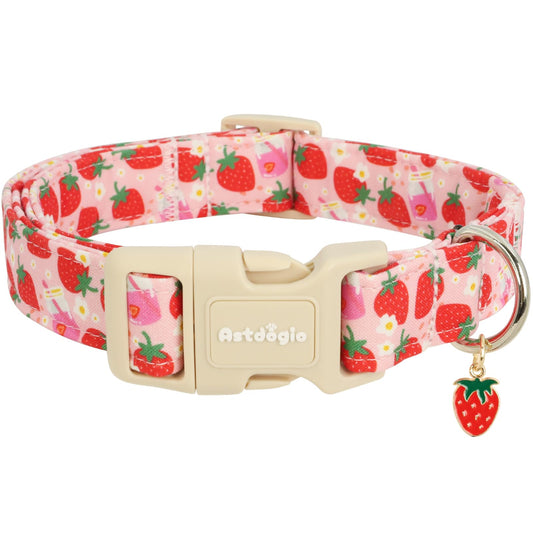Astdogio Pink Dog Collar for Small Dogs, Cute Dog Collars Girl Puppy Collar with Strawberry Pattern, Adjustable Cotton Pink Collar Ideal, Daily Photos & Pet Fashion