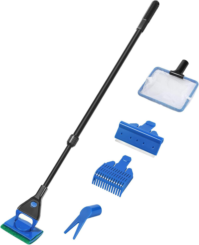AQUANEAT Aquarium Cleaning Tools, Fish Tank Cleaner Kit with Adjustable Long Handle, 5 in 1 Set Including Fish Net, Alga