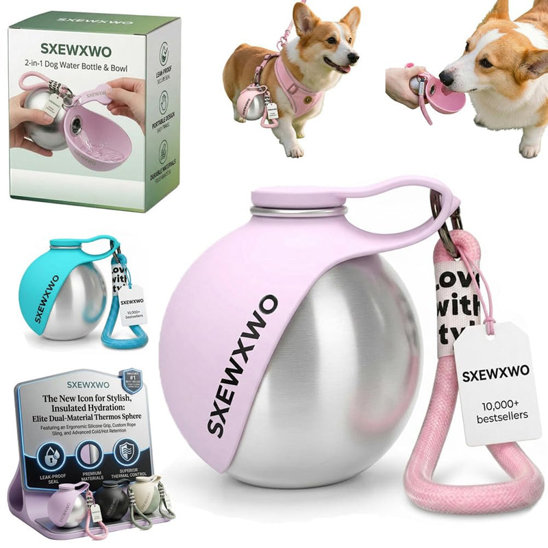 The 2-in-1 Dog Water Bottle & Bowl 2026 New Portable Trave Pet Dispenser Perros Silicone Water Ball Spill Proof Container Design on Walks Walking Hiking Insulated Round Botella Animal (Pink)
